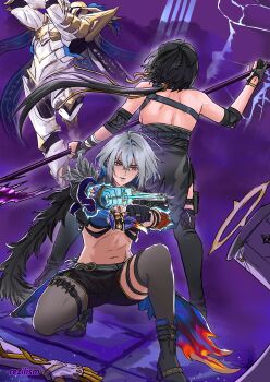 1other 2girls absurdres artist_name back black_bow black_dress black_hair black_pantyhose black_shorts black_thighhighs black_wings blue_bra bow bra breasts capitaneus_(wuthering_waves) commentary dress dual_wielding elbow_pads english_commentary feathered_wings female_rover_(wuthering_waves) galbrena_(wuthering_waves) grey_hair hair_between_eyes hair_bow highres holding long_hair low_ponytail medium_breasts medium_hair multiple_girls navel pantyhose ponytail purple_eyes rezilism rover_(wuthering_waves) shorts shoulder_blades single_leg_pantyhose single_thighhigh single_wing stomach tacet_discord_(wuthering_waves) thigh_strap thighhighs underwear wings wuthering_waves