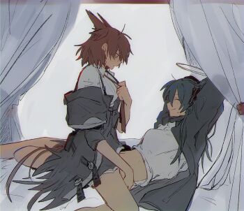 2girls animal_ears arknights bed bird_ears blue_hair blush canopy_bed closed_eyes closed_mouth clothes_lift coat collared_shirt commentary demon_horns fiammetta_(arknights) grey_coat halo highres horns long_hair looking_at_another mostima_(arknights) multiple_girls red_hair ronsudsud shirt shirt_lift smile straddling sweat symbol-only_commentary white_shirt yuri