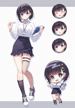 Rule 34 | 1girl, :d, ^ ^, asymmetrical legwear, black shoes, black skirt, black socks, breasts, closed eyes, closed mouth, collared shirt, commentary request, copyright request, dress shirt, frilled skirt, frills, grid background, hair ornament, hairclip, highres, holding, holding pencil, lanyard, long sleeves, mauve, medium breasts, mismatched legwear, multiple expressions, multiple views, open mouth, pencil, puffy long sleeves, puffy sleeves, shirt, shoes, single fishnet legwear, single thighhigh, skirt, smile, socks, standing, standing on one leg, thighhighs, white background, white shirt