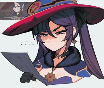 ... 1girl absurdres annoyed artist_name asymmetrical_bangs black_bow black_choker black_hair blue_hat blunt_bangs bow brooch choker closed_mouth commentary crescent crescent_hat_ornament cropped_torso earrings english_commentary frown fur_collar furrowed_brow game_screenshot_inset genshin_impact gold_earrings gold_trim hair_between_eyes hair_bow hat hat_ornament highres jewelry leotard long_hair memeh mona_(genshin_impact) paper partially_shaded_face reading red_hat reference_inset screenshot_inset sidelocks single_earring solo spoken_ellipsis squinting star_(symbol) star_brooch star_choker star_earrings star_hat_ornament strapless strapless_leotard swept_bangs tsurime twintails two-sided_fabric two-sided_headwear white_background