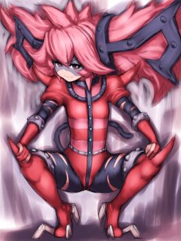 Rule 34 | >:), 1girl, battle spirits, battle spirits: brave, big hair, bodysuit, boots, closed mouth, collar, fang, fang out, female focus, fingerless gloves, flat chest, flipped hair, from below, full body, fumio (rsqkr), gloves, hair between eyes, hair ornament, hands on own knees, high heel boots, high heels, light smile, long hair, looking at viewer, pink hair, red boots, red thighhighs, shoes, sketch, smile, solo, spiked hair, spikes, spread legs, squatting, striped, tail, thigh boots, thighhighs, tiptoes, torn bodysuit, torn clothes, v-shaped eyebrows, visor