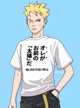 Rule 34 | 1boy, black pants, blonde hair, blue eyes, boruto: two blue vortex, bracelet, clothes writing, commentary request, corrupted twitter file, facial mark, hand in pocket, highres, jewelry, male focus, matsu (fu6ide2), naruto (series), one eye closed, pants, scar, scar across eye, scar on face, serious, shirt, solo, t-shirt, translation request, twitter username, upper body, uzumaki boruto, whisker markings