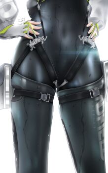 1girl absurdres arknights arknights:_endfield black_bodysuit bodysuit commentary covered_navel fingerless_gloves fluorite_(arknights) gloves hands_on_own_hips harness_belt highres long_sleeves lower_body luke_s_(artist) puffy_long_sleeves puffy_sleeves simple_background solo wet white_background white_gloves