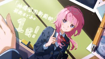 1girl absurdres blazer blue_eyes blush camera commentary_request countdown_illustration highres index_finger_raised jacket kaf_(kamitsubaki_studio) kamitsubaki_studio long_hair looking_at_viewer low_twintails photo_(object) pink_hair school_uniform smile toki_(asunan6618) twintails yellow_pupils