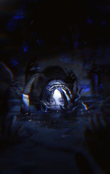 1girl black_gloves black_hair fingerless_gloves gloves highres in_water kong_tiao_bo_zi mask mask_on_head path_to_nowhere purple_eyes shin_(path_to_nowhere) sinking tentacles water