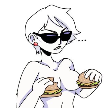... albino artist_request breasts burger censored earrings food highres jewelry metal_gear_(series) mole non-web_source pale_skin single_earring strangelove sunglasses toon_(style) white_background white_hair
