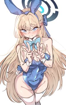 1girl animal_ears bare_shoulders blonde_hair blue_archive blue_bow blue_bowtie blue_eyes blue_halo blue_leotard blue_ribbon blush bow bowtie breasts cleavage collar collarbone commentary cowboy_shot curvy double_v fake_animal_ears from_above hair_between_eyes halo highres layer_(layer_illust) leotard looking_at_viewer medium_breasts playboy_bunny rabbit_ears ribbon solo straight_hair thighhighs toki_(blue_archive) toki_(bunny)_(blue_archive) v white_background white_collar white_thighhighs
