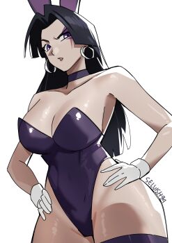 1girl animal_ears artist_name black_hair breasts butterfly_ornament commentary curvy english_commentary facial_mark fake_animal_ears gloves highleg highleg_leotard highres large_breasts leotard long_hair looking_at_viewer marvel marvel_rivals playboy_bunny psylocke psylocke_(vengeance) purple_leotard rabbit_ears selvish94 simple_background thighhighs thighs thong_leotard white_gloves wide_hips wrist_cuffs x-men
