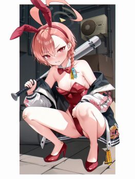 1girl absurdres ahoge animal_ear_hairband animal_ears asymmetrical_hair back_alley bandaid bandaid_on_knee bandaid_on_leg baseball_bat black_halo blue_archive bow bowtie braid breasts commentary condenser_unit detached_collar fake_animal_ears hairband halo high_heels highres huge_ahoge jacket leotard looking_at_viewer mole mole_under_each_eye mole_under_eye multiple_moles neru_(blue_archive) neru_(bunny)_(blue_archive) oversized_breast_cup playboy_bunny print_jacket rabbit_ears red_eyes red_leotard red_shoes rim_(rimmon2438) shoes short_hair single_braid small_breasts solo squatting strapless strapless_leotard sukajan