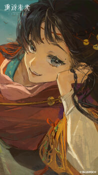 Rule 34 | 1girl, :d, absurdres, black hair, blue eyes, blue sky, chinese clothes, copyright name, copyright notice, day, facial mark, forehead mark, hanfu, head rest, highres, logo, long hair, looking at viewer, lying, mole, mole above eye, official art, official wallpaper, on side, open mouth, paper heron, red hanfu, reverse:1999, simple bird, sky, smile, solo, teeth, upper body, upper teeth only