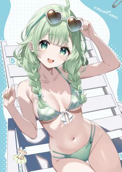 1girl :d absurdres antlers bare_arms beach_chair braid breasts collarbone commentary deer english_commentary eyewear_on_head green_eyes green_hair green_nails heart heart-shaped_eyewear highres horns innertube long_hair looking_at_viewer mixed-language_commentary nail_polish natori_hinata navel open_mouth project_nebula reindeer_antlers safety_pin siokazunoko sitting small_breasts smile solo sunglasses swim_ring swimsuit teeth thick_eyebrows twin_braids upper_teeth_only virtual_youtuber