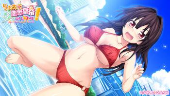 1girl bare_arms bare_shoulders barefoot beach_umbrella bikini black_hair blue_sky blush breasts cloud collarbone copyright_name day excited groin hair_intakes ichinose_rukina large_breasts long_hair love_of_ren'ai_koutei_of_love! midair navel official_art oozora_itsuki open_mouth outdoors red_bikini red_eyes sky smile solo stomach swimsuit thighs umbrella underboob