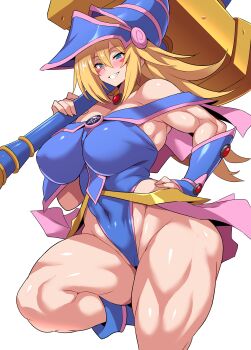 1girl abs absurdres alternate_muscle_size armpit_crease biceps blonde_hair blue_boots blue_eyes blue_hat blush_stickers boots breasts cleavage covered_abs dark_magician_girl duel_monster gloves hat highres huge_breasts konno_tohiro large_breasts long_hair muscular muscular_female obliques open_mouth pentacle pentagram pink_skirt shiny_skin showgirl_skirt simple_background skirt smile solo thick_thighs thighhighs thighs white_background wizard_hat yu-gi-oh!
