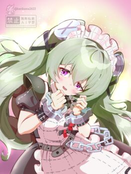 1girl animal_bag apron bear_bag belt black_dress blush chain commentary_request corin_wickes cowboy_shot dress green_hair hair_between_eyes hands_up highres kanikama2623 long_hair looking_at_viewer maid maid_apron maid_headdress open_mouth puffy_short_sleeves puffy_sleeves purple_eyes screw_hair_ornament short_sleeves smile solo twintails watermark white_apron zenless_zone_zero