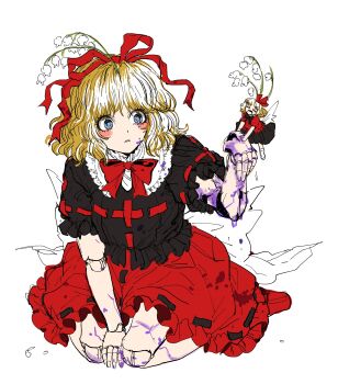 Rule 34 | 2girls, absurdres, black bow, black shirt, black skirt, blonde hair, blue eyes, blush, bow, bowtie, collar, commentary request, cracked skin, doll joints, fairy, fairy wings, flower, flower on head, frilled shirt, frilled skirt, frilled sleeves, frills, full body, grabbing another's hand, hair ribbon, hand on ground, hand up, highres, joints, kuya (hey36253625), lily of the valley, looking at another, medicine melancholy, mini person, minigirl, multiple girls, poison, red bow, red ribbon, red shirt, red skirt, ribbon, shirt, short hair, short sleeves, simple background, sitting, skirt, su-san, touhou, wariza, white background, white collar, wings