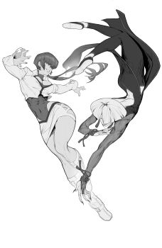 2girls a.k.i._(street_fighter) absurdres backless_dress backless_outfit bandaged_fingers bandages boots breasts china_dress chinese_clothes chinese_commentary cleavage commentary_request covered_navel crossover dress dynamic_pose er-bro fighting fighting_stance fingernails full_body greyscale grin hair_over_eyes highleg highleg_leotard highres impossible_hair leotard leotard_under_clothes medium_breasts monochrome multiple_girls pants parted_lips sharp_fingernails shermie_(kof) shoe_soles side_slit simple_background skirt smile street_fighter street_fighter_6 the_king_of_fighters white_background