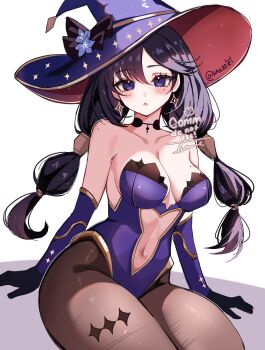 Rule 34 | 1girl, black choker, blush, breasts, brown pantyhose, choker, clothing cutout, commentary, commission, diamond (shape), elbow gloves, english commentary, genshin impact, gloves, hannie (hanreiei), hat, highres, leotard, mole, mole on breast, mole on shoulder, mole under eye, mona (genshin impact), pantyhose, purple eyes, purple hair, purple leotard, solo, twintails, watermark, witch hat