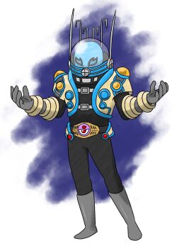 1boy antennae armor aura bangle belt black_bodysuit bodysuit boots bracelet chest_belt commentary_request gloves grey_boots grey_gloves helmet highres jacket jewelry kamen_rider kamen_rider_ghost_(series) multiple_belts open_clothes open_jacket planet_ganma radio_antenna shadow_(modeler3622) simple_background solo space_helmet tokusatsu white_background yellow_jacket