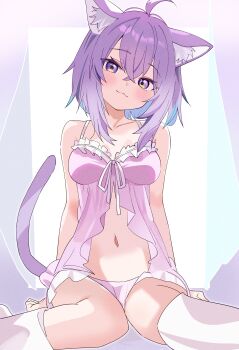 1girl :3 absurdres ahoge alternate_costume animal_ear_fluff animal_ears babydoll bare_arms breasts cat_ears cat_girl cat_tail cleavage closed_mouth crossed_bangs double-parted_bangs front_slit hair_between_eyes hashtag-only_commentary head_tilt highres hololive hutaba_haru indoors looking_at_viewer medium_breasts navel nekomata_okayu pink_babydoll pink_shorts purple_eyes purple_hair short_hair short_shorts shorts sitting solo tail virtual_youtuber wariza