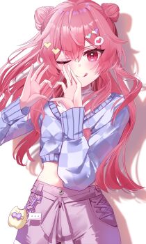 ... 1girl ;q absurdres blush chase_my_ideal_idol!_(project_sekai) checkered_clothes checkered_sweater commentary cone_hair_bun controller cowboy_shot cropped_shirt cropped_sweater cross-laced_clothes cross-laced_shorts double_bun drop_shadow game_controller hair_between_eyes hair_bun hair_ornament heart heart_hair_ornament heart_hands highres holding holding_controller holding_game_controller long_hair long_sleeves looking_at_viewer midriff momoi_airi neu_33 official_alternate_costume official_alternate_hair_length official_alternate_hairstyle one_eye_closed pink_eyes pink_hair pixel_heart project_sekai purple_shorts shirt shorts sidelocks simple_background smile solo spoken_ellipsis sweater tongue tongue_out white_background white_shirt