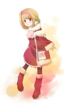 1girl blonde_hair boots celestial_s closed_mouth commentary_request dress full_body fur-trimmed_boots fur-trimmed_dress fur_trim hairband long_sleeves looking_at_viewer merchant_(ragnarok_online) mouse_(animal) pink_hairband ragnarok_online red_boots red_dress red_eyes short_hair smile solo tarou_(ragnarok_online) white_background