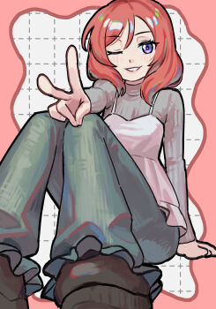 Rule 34 | absurdres, blush, brown shoes, camisole, commentary request, frills, green pants, grey shirt, hand on floor, hand on own knee, highres, long hair, long sleeves, love live!, love live! school idol project, nishikino maki, on floor, one eye closed, pants, pink camisole, purple eyes, red hair, shirt, shoes, simple background, sitting, smile, tanaka yaku, teeth, v