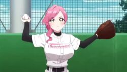 1girl animated baseball baseball_uniform bouncing_breasts breasts green_eyes hair_up hanazono_hahari kimi_no_koto_ga_dai_dai_dai_dai_daisuki_na_100-nin_no_kanojo pink_hair solo sound sportswear tagme throwing video