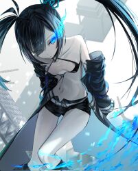 Rule 34 | bikini, bikini top only, black bikini, black boots, black hair, black jacket, black rock shooter, black rock shooter (character), black shorts, blue eyes, blue fire, boots, closed mouth, feet out of frame, fire, flaming eye, flat chest, front-tie bikini top, front-tie top, ggxdgbkof, highres, jacket, long hair, navel, off shoulder, pale skin, short shorts, shorts, star-shaped pupils, star (symbol), stomach, swimsuit, symbol-shaped pupils, thighs, twintails, uneven twintails