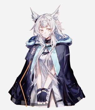 Rule 34 | 1girl, animal ears, arknights, bochishiraita, cat ears, cat girl, dress, fingerless gloves, gloves, green eyes, highres, infection monitor (arknights), long hair, rosmontis (arknights), simple background, solo, white background, white dress