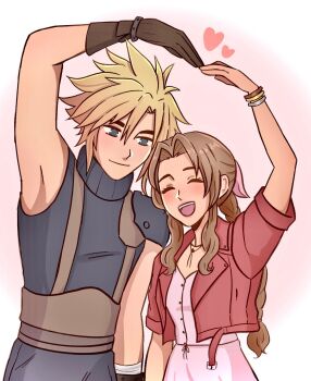 1boy 1girl aerith_gainsborough armor bangle belt black_pants black_shirt blonde_hair blue_eyes bracelet braid braided_ponytail brown_belt brown_gloves brown_hair choker closed_eyes closed_mouth cloud_strife couple cropped_jacket dress final_fantasy final_fantasy_vii final_fantasy_vii_remake flower_choker gloves hair_between_eyes hair_ribbon heart_arms heart_arms_duo hetero highres jacket jewelry light_blush long_hair looking_at_another open_mouth pants parted_bangs pauldrons pink_background pink_dress pink_ribbon punziebunnie red_jacket ribbon shirt short_hair short_sleeves shoulder_armor sidelocks single_bare_shoulder single_braid single_pauldron sleeveless sleeveless_turtleneck smile spiked_hair suspenders turtleneck upper_body