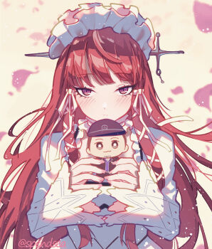 Rule 34 | 1girl, blunt bangs, blush, character doll, choker, closed mouth, commentary, doll, dress, english commentary, falling petals, frilled choker, frilled hairband, frills, hair ornament, hair ribbon, hairband, highres, holding, holding doll, iori junpei, lolita fashion, long hair, long sleeves, looking at viewer, persona, persona 3, petals, pink petals, red hair, ribbon, sidelocks, solo, spendsea, straight-on, twitter username, upper body, white choker, white dress, white hairband, white ribbon, yoshino chidori