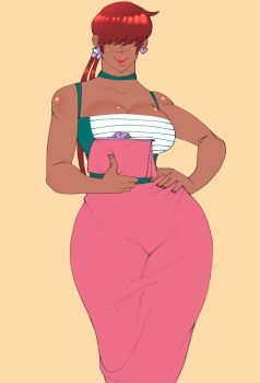1girl 1shermieaday breasts curvy dark-skinned_female dark_skin dress earrings female_focus hand_on_own_hip heart huge_breasts jewelry large_breasts long_hair marellartt ponytail red_hair shermie_(kof) smile smiley_face standing tan the_king_of_fighters thick_thighs thighs twintails wide_hips