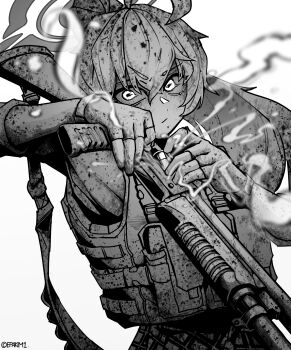 1girl absurdres artist_name blue_archive bulletproof_vest commentary english_commentary epakim glance gloves gun highres hoshino_(armed)_(blue_archive) hoshino_(blue_archive) long_hair looking_at_viewer military monochrome original reloading shotgun smoke weapon