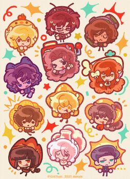 Rule 34 | 6+boys, 6+girls, :<, absurdres, black eyes, black hair, bow, brown eyes, brown hair, bug, chibi, chibi only, closed mouth, cockroach, commentary request, don quixote (project moon), faust (project moon), fire, flask, flower, glasses, gostcat, gregor (project moon), hair bow, heathcliff (project moon), high ponytail, highres, holding harpoon, hong lu (project moon), insect, ishmael (project moon), limbus company, long hair, meursault (project moon), multiple boys, multiple girls, one eye closed, orange hair, outis (project moon), ponytail, project moon, rodion (project moon), round-bottom flask, ryoshu (project moon), sinclair (project moon), slot machine, sun, sweat, very long hair, watch, whale, white background, white bow, wolf, yellow flower, yi sang (project moon)