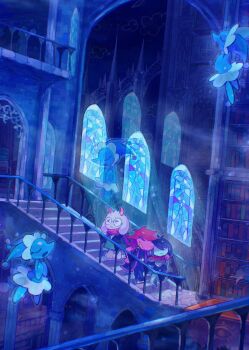 1boy 1girl 5others bibliox_(deltarune) blipbugbug blue_skin closed_eyes colored_skin deltarune floating glasses goat_boy hashtag-only_commentary highres horns in-universe_location kris_(dark_world)_(deltarune) kris_(deltarune) library mizzle_(deltarune) multiple_others open_mouth pink_skin ralsei round_eyewear sharp_teeth smile stained_glass stairs susie_(deltarune) teeth utdr_(toby_fox) white_fur