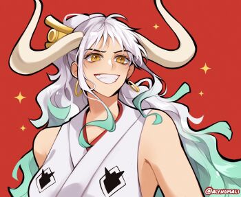 Rule 34 | 1girl, alynomali, aqua hair, clenched teeth, curled horns, hair ornament, highres, horns, japanese clothes, kimono, one piece, ponytail, red background, sidelocks, simple background, sleeveless, sleeveless kimono, smile, solo, sparkle, teeth, twitter username, upper body, white hair, white kimono, yamato (one piece)