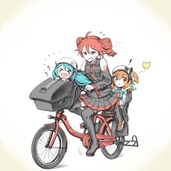 >_< 3girls :o a.i._voice adachi_rei aged_down ahoge amau_totori black_skirt black_sleeves black_thighhighs blue_hair blush boots breast_pocket bug butterfly buttons child collared_shirt commentary_request cycle detached_sleeves drill_hair flying_sweatdrops full_body hair_between_eyes hair_ribbon hatsune_miku helmet highres insect jacket kasane_teto kasane_teto_(utau) miniskirt multiple_girls number_tattoo open_clothes open_jacket open_mouth orange_hair pocket red_eyes red_hair red_tank_top ribbon shirt shoulder_tattoo side_ponytail simple_background sitting skirt skirt_set sleeveless sleeveless_shirt spring_onion sweatdrop tank_top tattoo thigh_boots thighhighs twin_drills utau vocaloid white_background white_jacket white_ribbon wing_collar