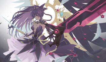 1girl absurdres breasts chinese_commentary cleavage commentary date_a_live dress dual_wielding english_commentary feathers highres holding holding_sword holding_weapon kyoraku_(weng3133) long_hair looking_ahead medium_breasts mixed-language_commentary purple_dress purple_eyes purple_hair purple_skirt skirt solo strapless strapless_dress sword very_long_hair weapon yatogami_tohka yatogami_tohka_(true_form)