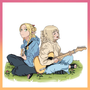 2girls bass_guitar black_sandals blonde_hair blue_hoodie blue_pants border brown_hoodie closed_eyes closed_mouth commentary_request dungeon_meshi electric_guitar facing_ahead falin_touden flower gradient_border grass green_eyes grey_hair guitar holding holding_bass_guitar holding_guitar holding_instrument hood hoodie indian_style instrument long_hair looking_to_the_side marcille_donato multiple_girls music orange_border original outdoors pants pink_border pink_flower playing_bass_guitar playing_guitar playing_instrument sandals short_hair sideways_glance simple_background singing sitting smile summer user_pmcw5543 white_background