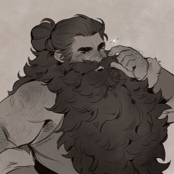 1boy armpit_hair armpit_hair_peek bara beard beard_over_mouth dungeon_meshi dwarf facial_hair greyscale hair_bun hairy looking_at_viewer male_focus monochrome mooreaux muscular muscular_male senshi_(dungeon_meshi) simple_background solo sparkle thick_arm_hair thick_back_hair thick_beard thick_eyebrows tsurime twirling_mustache very_hairy