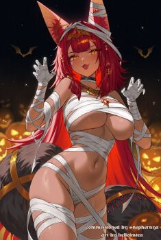 1girl animal_ear_fluff animal_ears artist_name breasts commission fangs helloimtea highres indie_virtual_youtuber jack-o&#039;-lantern long_hair mummy_costume navel nephernya_(vtuber) open_mouth orange_eyes red_hair second-party_source solo tail virtual_youtuber