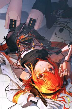 1girl a.i._voice adachi_rei belt black_shirt black_skirt black_thighhighs bright_pupils cable closed_mouth commentary expressionless gloves headphones highres jacket looking_at_viewer lying mareru mechanical_arms mechanical_legs on_floor open_clothes open_jacket orange_belt orange_eyes orange_hair radio_antenna robot_girl shadow shirt skirt symbol-only_commentary thighhighs utau white_gloves white_jacket white_pupils