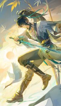 1boy absurdres bird black_boots black_hair boots chinese_commentary cloak closed_mouth commentary_request flask from_side grey_eyes grey_pants highres holding holding_sword holding_weapon huqu_(huqu45712) long_hair male_focus pants ponytail qiuyuan_(wuthering_waves) solo sword weapon white_cloak wuthering_waves