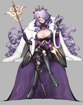 1girl art_cerealex breasts camilla_(fire_emblem) camilla_(light_of_nohr)_(fire_emblem) cleavage crossed_legs crown fire_emblem fire_emblem_fates fire_emblem_heroes fur_trim hair_over_one_eye large_breasts long_hair looking_at_viewer nintendo official_alternate_costume one_eye_covered purple_eyes purple_hair simple_background solo wavy_hair