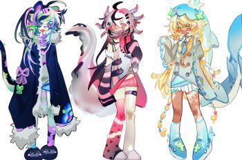 3girls ahoge asymmetrical_legwear black_arm_warmers blonde_hair blue_boots blue_coat blush_stickers boots closed_mouth cloud_(lufaeris) coat commentary dark-skinned_female dark_skin english_commentary fur-trimmed_coat fur_trim green_eyes grey_jacket grey_shirt hair_between_eyes highres hood hood_up jacket long_hair long_sleeves looking_at_viewer messy_hair mismatched_legwear multicolored_hair multiple_girls open_clothes open_coat open_mouth original pink_eyes pink_hair purple_eyes purple_hair shirt simple_background sleeves_past_fingers sleeves_past_wrists streaked_hair striped_arm_warmers tail white_background white_hair