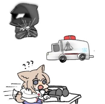 Rule 34 | 1girl, 1other, ambulance, animal ears, arknights, commentary request, doctor (arknights), fox ears, fox girl, fox tail, heart attack, hood, omitoon, rhodes island logo (arknights), stretcher, sussurro (arknights), sweat, tail