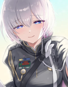 +_+ 1girl black_jacket blue_eyes breasts closed_mouth commentary earrings goddess_of_victory:_nikke gradient_background green_background grey_hair highres jacket jewelry liliweiss_(nikke) long_hair long_sleeves looking_at_viewer medium_breasts military_uniform multicolored_hair pingpangpongpang pink_hair solo symbol-only_commentary tears two-tone_hair upper_body yellow_background