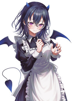 Rule 34 | 1girl, absurdres, alternate costume, apron, bat wings, black hair, blue horns, blue nails, curled fingers, double-parted bangs, dress, earrings, enmaided, frilled apron, frills, hair between eyes, heart, heart tail, highres, horns, ichinose uruha, jewelry, juliet sleeves, long dress, long sleeves, lupinus virtual games, maid, medium hair, multicolored hair, puffy sleeves, purple eyes, round eyewear, sasamisable, simple background, small horns, solo, streaked hair, tail, virtual youtuber, vspo!, white apron, white background, wings, wrist cuffs