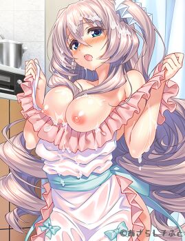 1girl amakano_~second_season~ apron bare_shoulders blue_eyes blush breasts breasts_out copyright_notice cum cum_on_body cum_on_breasts cum_on_clothes cum_on_hair cum_on_upper_body facial frills grey_hair hair_between_eyes indoors kutsuno_kanade large_breasts long_hair looking_at_viewer nipples official_art open_mouth piromizu ringlets solo standing very_long_hair white_apron