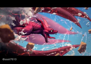 animal commentary_request destruction fox giant giant_monster highres jaw kaiju kitsune kurama_(naruto) kyuubi monster monster_focus multiple_tails naruto_(series) naruto_shippuuden oversized_animal roaring scales sharp_teeth sssiii76102 tail teeth very_long_tail